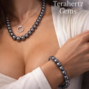 Natural Terahertz Necklace & Bracelet SET Black Pearl Unisex